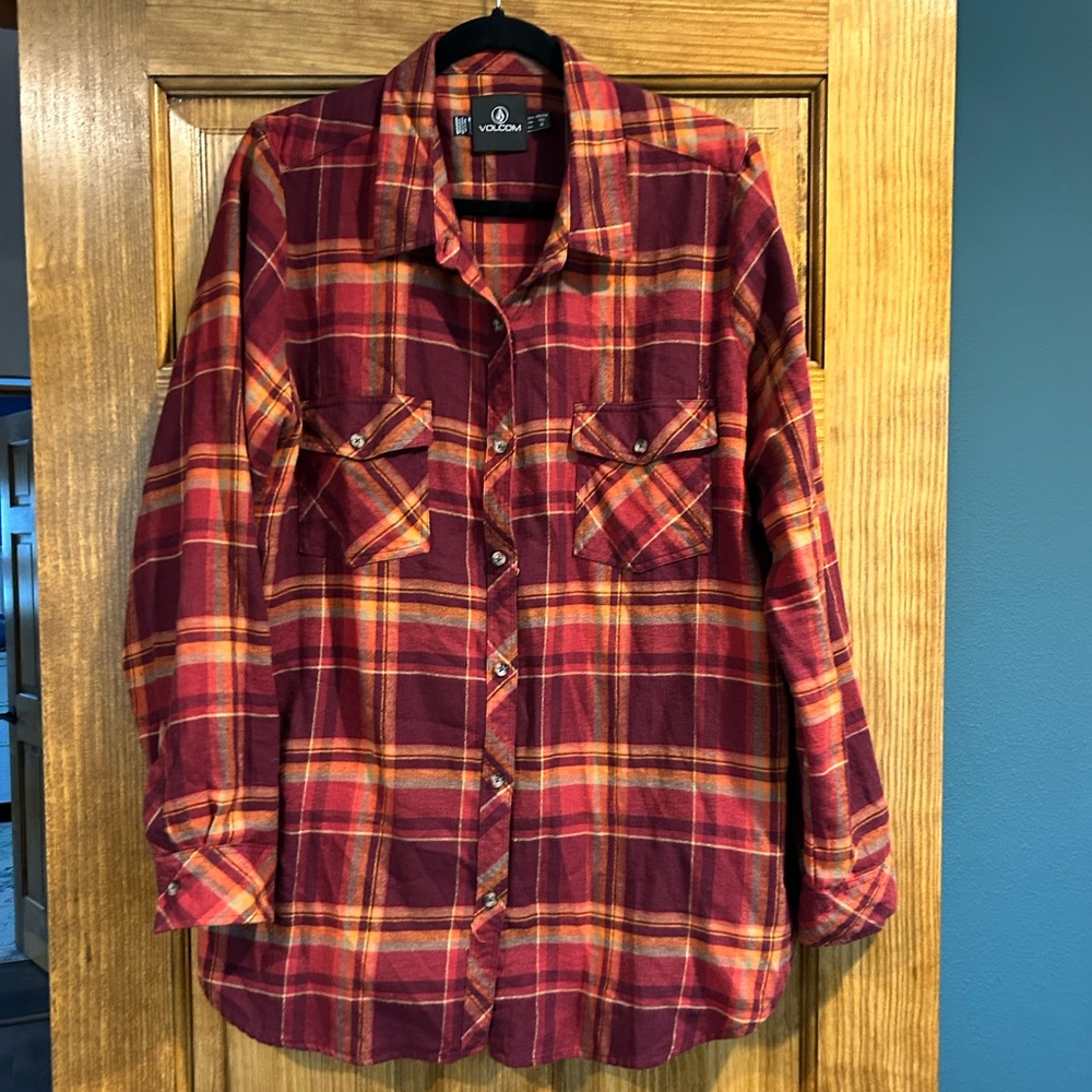 Volcom Women’s Burgundy and Orange Plaid Shirt